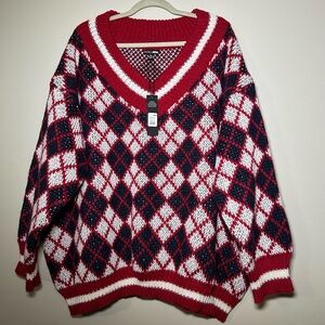 Red and White Argyle Women's Sweater
